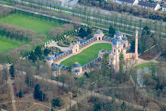Mosque in the Schwetzingen Palace Gardens in Schwetzingen in the state Baden-Wuerttemberg, Germany from the drone perspective