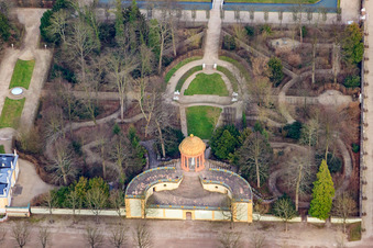 Aerial view of Apollo Temple and Orangery in the Schwetzingen Palace Gardens in Schwetzingen in the state Baden-Wuerttemberg, Germany