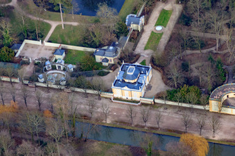 Aerial photograpy of Apollo Temple and Orangery in the Schwetzingen Palace Gardens in Schwetzingen in the state Baden-Wuerttemberg, Germany