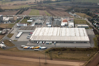 Aerial photograpy of Building complex and grounds of the logistics center Aldi Sued in Ketsch in the state Baden-Wurttemberg, Germany