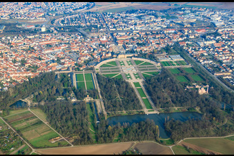 Aerial view of Schwetzingen Palace and Garden in winter from the west in Schwetzingen in the state Baden-Wuerttemberg, Germany