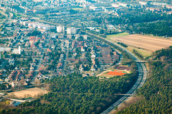 Aerial view of B36 in the district Rheinau in Mannheim in the state Baden-Wuerttemberg, Germany
