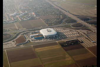 Oblique view of SAP Arena in the district Hochstätt in Mannheim in the state Baden-Wuerttemberg, Germany