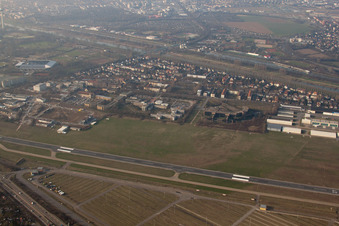Aerial view of City Airport in the district Neuostheim in Mannheim in the state Baden-Wuerttemberg, Germany