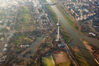 Aerial view of Luisenpark, telecommunications tower in the district Oststadt in Mannheim in the state Baden-Wuerttemberg, Germany