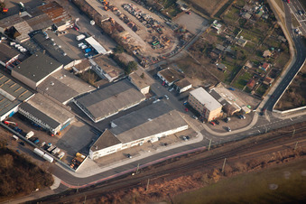 Aerial view of Harlachweg in the district Neuostheim in Mannheim in the state Baden-Wuerttemberg, Germany