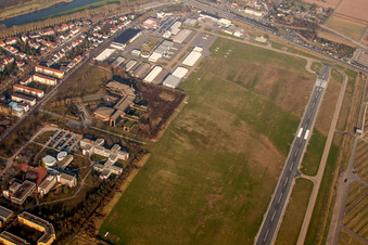 Runway with hangar taxiways and terminals on the grounds of the airport City Airport Mannheim in the district Neuostheim in Mannheim in the state Baden-Wurttemberg, Germany