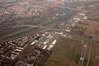 Oblique view of City Airport in the district Neuostheim in Mannheim in the state Baden-Wuerttemberg, Germany