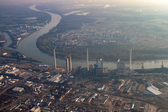 Oblique view of Large power plant with new construction of Unit 6 in the district Neckarau in Mannheim in the state Baden-Wuerttemberg, Germany