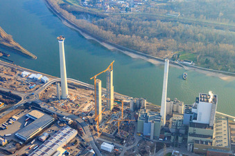 Construction site of power plants and exhaust towers of thermal power station GKM Block 6 in the district Neckarau in Mannheim in the state Baden-Wurttemberg, Germany