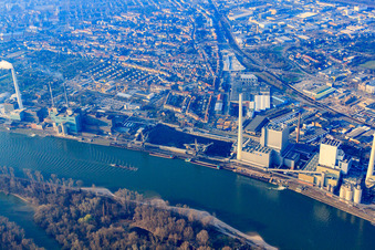Aerial photograpy of Construction site of power plants and exhaust towers of thermal power station GKM Block 6 in the district Neckarau in Mannheim in the state Baden-Wurttemberg, Germany