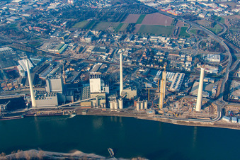 Aerial photograpy of Construction site of power plants and exhaust towers of thermal power station GKM Block 6 in the district Neckarau in Mannheim in the state Baden-Wurttemberg, Germany