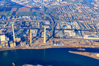 Construction site of power plants and exhaust towers of thermal power station GKM Block 6 in the district Neckarau in Mannheim in the state Baden-Wurttemberg, Germany from above