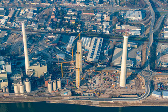 Oblique view of Construction site of power plants and exhaust towers of thermal power station GKM Block 6 in the district Neckarau in Mannheim in the state Baden-Wurttemberg, Germany