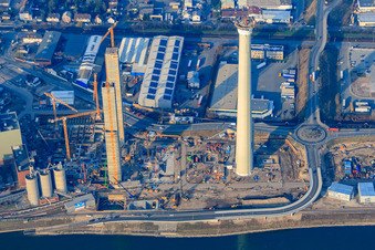 Construction site of power plants and exhaust towers of thermal power station GKM Block 6 in the district Neckarau in Mannheim in the state Baden-Wurttemberg, Germany from the plane