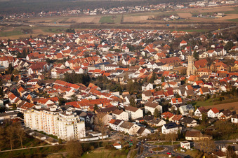 Aerial view of Town View of the streets and houses of the residential areas in Bruehl in the state Baden-Wurttemberg