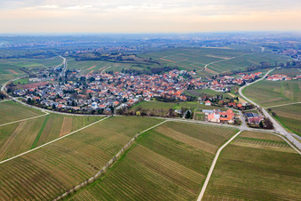 Aerial view of Wine-growing village below the Kleine Kalmit in Ilbesheim bei Landau in the state Rhineland-Palatinate, Germany