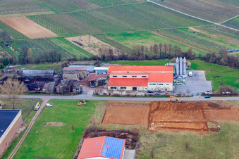 Aerial view of Industrial estate An der Ahlmühle, Timrott Bio-Produkte GmbH in Ilbesheim bei Landau in the state Rhineland-Palatinate, Germany