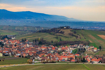 Aerial photograpy of Wine-growing village below the Kleine Kalmit in Ilbesheim bei Landau in the state Rhineland-Palatinate, Germany