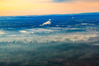 Aerial view of Oberwald industrial area in the morning mist in Wörth am Rhein in the state Rhineland-Palatinate, Germany