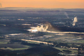 Aerial photograpy of Oberwald industrial area in the morning mist in Wörth am Rhein in the state Rhineland-Palatinate, Germany