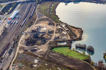 Gravel bagger at Schauffele Lake in Wörth am Rhein in the state Rhineland-Palatinate, Germany