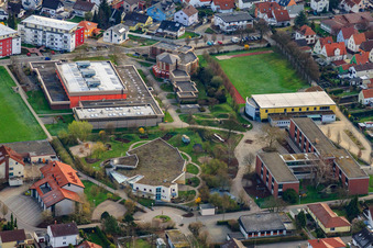 Aerial view of Community Center, Tullahalle and Tullaschule in the district Maximiliansau in Wörth am Rhein in the state Rhineland-Palatinate, Germany