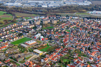 Oblique view of Community Center, Tullahalle and Tullaschule in the district Maximiliansau in Wörth am Rhein in the state Rhineland-Palatinate, Germany
