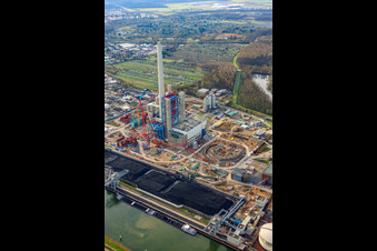 Aerial photograpy of New ENBW Rhine Harbour steam power plant Karlsruhe in the district Daxlanden in Karlsruhe in the state Baden-Wuerttemberg, Germany