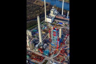 New ENBW Rhine Harbour steam power plant Karlsruhe in the district Daxlanden in Karlsruhe in the state Baden-Wuerttemberg, Germany seen from above