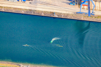 Aerial view of Early rowers of the Karlsruhe Rowing Club Wiking v. 1879 eV in the Karlsruhe Rhine harbor in the district Mühlburg in Karlsruhe in the state Baden-Wuerttemberg, Germany