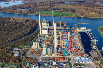 New ENBW Rhine Harbour steam power plant Karlsruhe in the district Daxlanden in Karlsruhe in the state Baden-Wuerttemberg, Germany from the plane