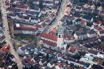 Oblique view of Holy Spirit Church in the district Daxlanden in Karlsruhe in the state Baden-Wuerttemberg, Germany