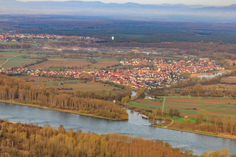 Aerial view of Lauter estuary in Neuburg am Rhein in the state Rhineland-Palatinate, Germany