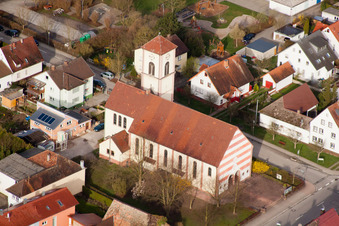 Aerial photograpy of St. Ursula Church in the district Neuburgweier in Rheinstetten in the state Baden-Wuerttemberg, Germany