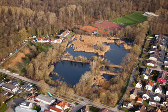Aerial view of Biotopes on the forest path in the district Neuburgweier in Rheinstetten in the state Baden-Wuerttemberg, Germany