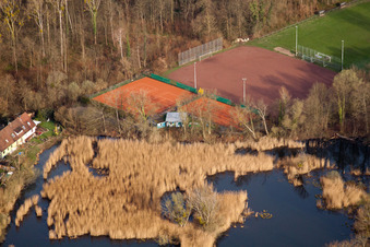 Aerial view of Football field and tennis courts in the district Neuburgweier in Rheinstetten in the state Baden-Wuerttemberg, Germany