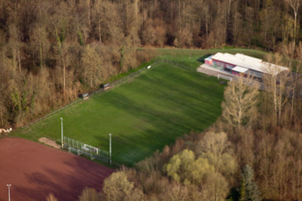 Aerial photograpy of Football field and tennis courts in the district Neuburgweier in Rheinstetten in the state Baden-Wuerttemberg, Germany