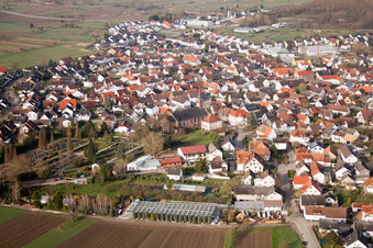 Aerial view of Town View of the streets and houses of the residential areas in the district Neuburgweier in Au am Rhein in the state Baden-Wurttemberg