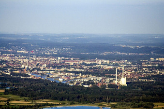 From the west in the district Knielingen in Karlsruhe in the state Baden-Wuerttemberg, Germany