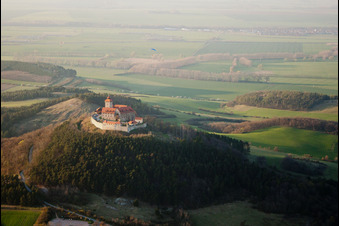 Aerial view of Castle of the fortress Wachsenburg in Amt Wachsenburg in the state Thuringia