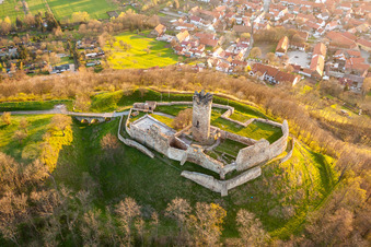 Ruins and vestiges of the former castle and fortress Muehlburg in the district Muehlberg in Drei Gleichen in the state Thuringia, Germany out of the air