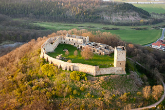 Gleichen Castle in the district Wandersleben in Drei Gleichen in the state Thuringia, Germany seen from a drone