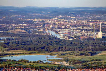 Karlsruhe Rhine harbor from the west in the district Mühlburg in Karlsruhe in the state Baden-Wuerttemberg, Germany