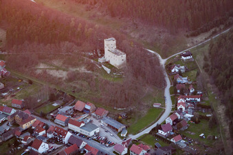 Aerial view of Ruins and vestiges of the former fortress Liebenstein in Liebenstein in the state Thuringia, Germany