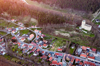 Aerial photograpy of Ruins and vestiges of the former fortress Liebenstein in Liebenstein in the state Thuringia, Germany