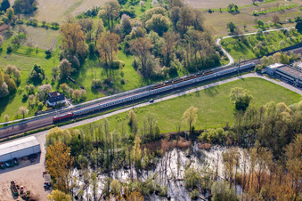 Aerial view of Biotope and railway line on Reetzstr in the district Berghausen in Pfinztal in the state Baden-Wuerttemberg, Germany