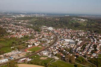 Aerial photograpy of School building of the Ludwig-Marum-Gymnasium Pfinztal in the district Berghausen in Pfinztal in the state Baden-Wurttemberg