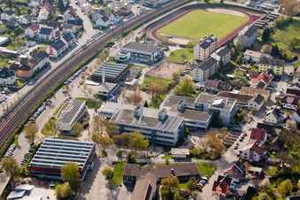 Bird's eye view of School building of the Ludwig-Marum-Gymnasium Pfinztal in the district Berghausen in Pfinztal in the state Baden-Wurttemberg