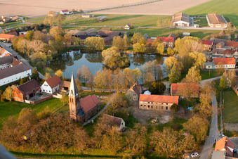 Aerial photograpy of Church building in the village of in Borgisdorf in the state Brandenburg